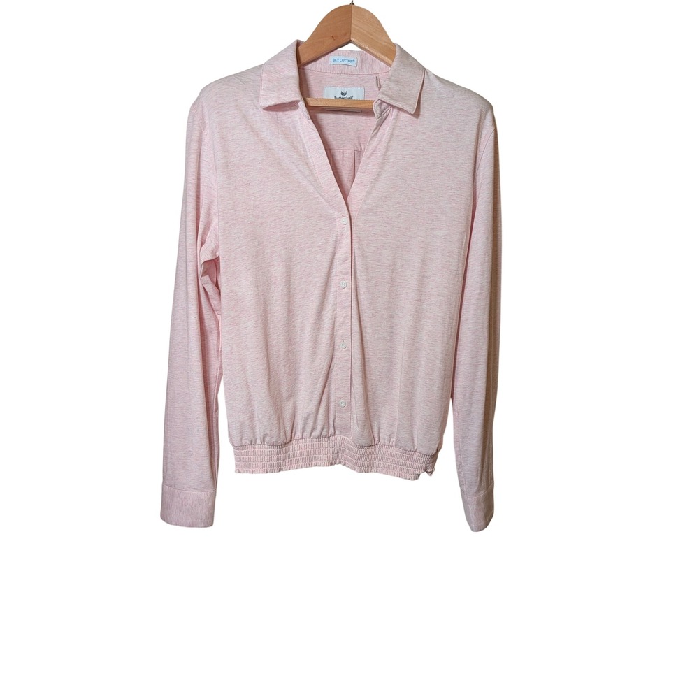 Buttercloth Icy Cotton Pre-Tucked Fit Pink Knit Long Sleeve Smocked Top Medium